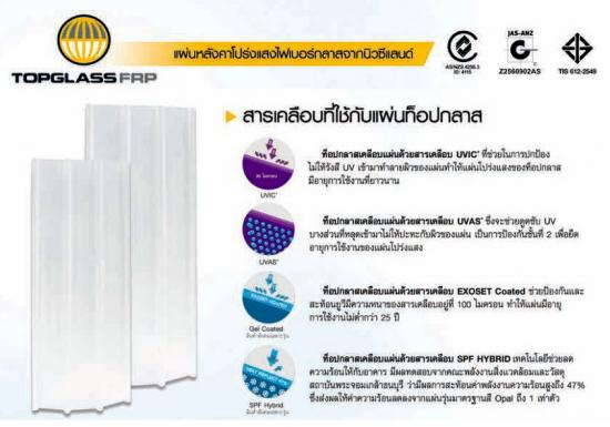 แผ่นหลังคาโปร่งแสงไฟเบอร์กลาส / แผ่นใส Topglass Eco Rhino บานเกล็ด  ประตูม้วน  เหล็กเคลือบสี  ฉนวนโพลียูรีเทน  แผ่นฉนวนกันความร้อน  หลังคาและผนังโปร่งแสง  แผ่นปิดครอบมุม แผ่นพับ และรางน้ำ  ลอนหลังคา  ลอนซีแพค 